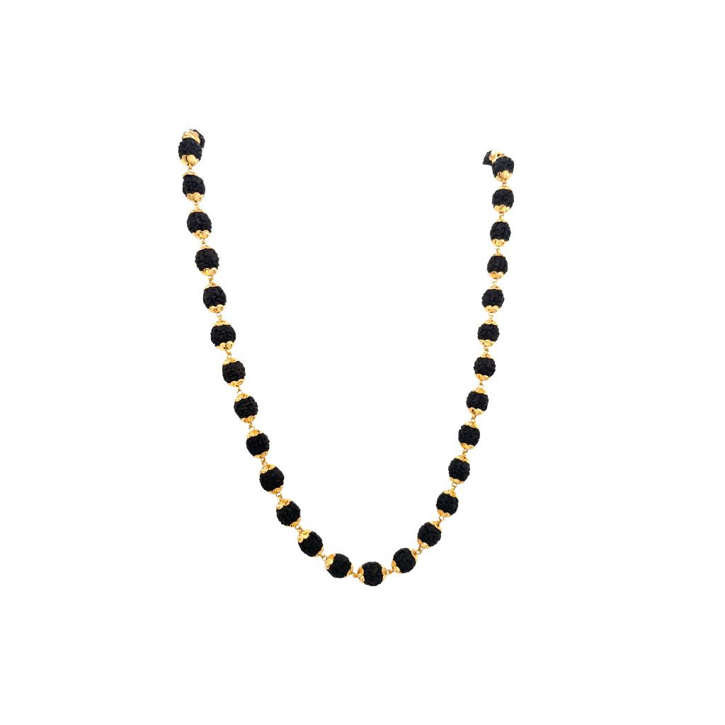 Traditional gold designer mala featuring natural Rudraksha beads paired with decorative gold bead spacers on a white background.
