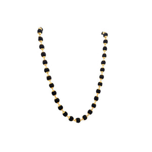 Traditional gold designer mala featuring natural Rudraksha beads paired with decorative gold bead spacers on a white background.