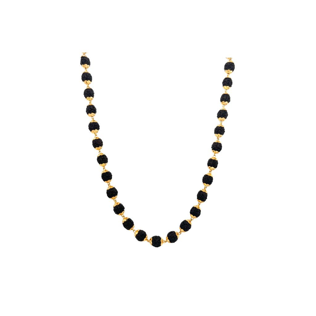 Traditional gold designer mala featuring natural Rudraksha beads paired with decorative gold bead spacers on a white background.