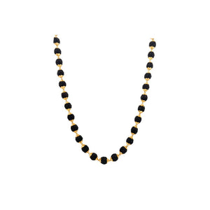 Traditional gold designer mala featuring natural Rudraksha beads paired with decorative gold bead spacers on a white background.