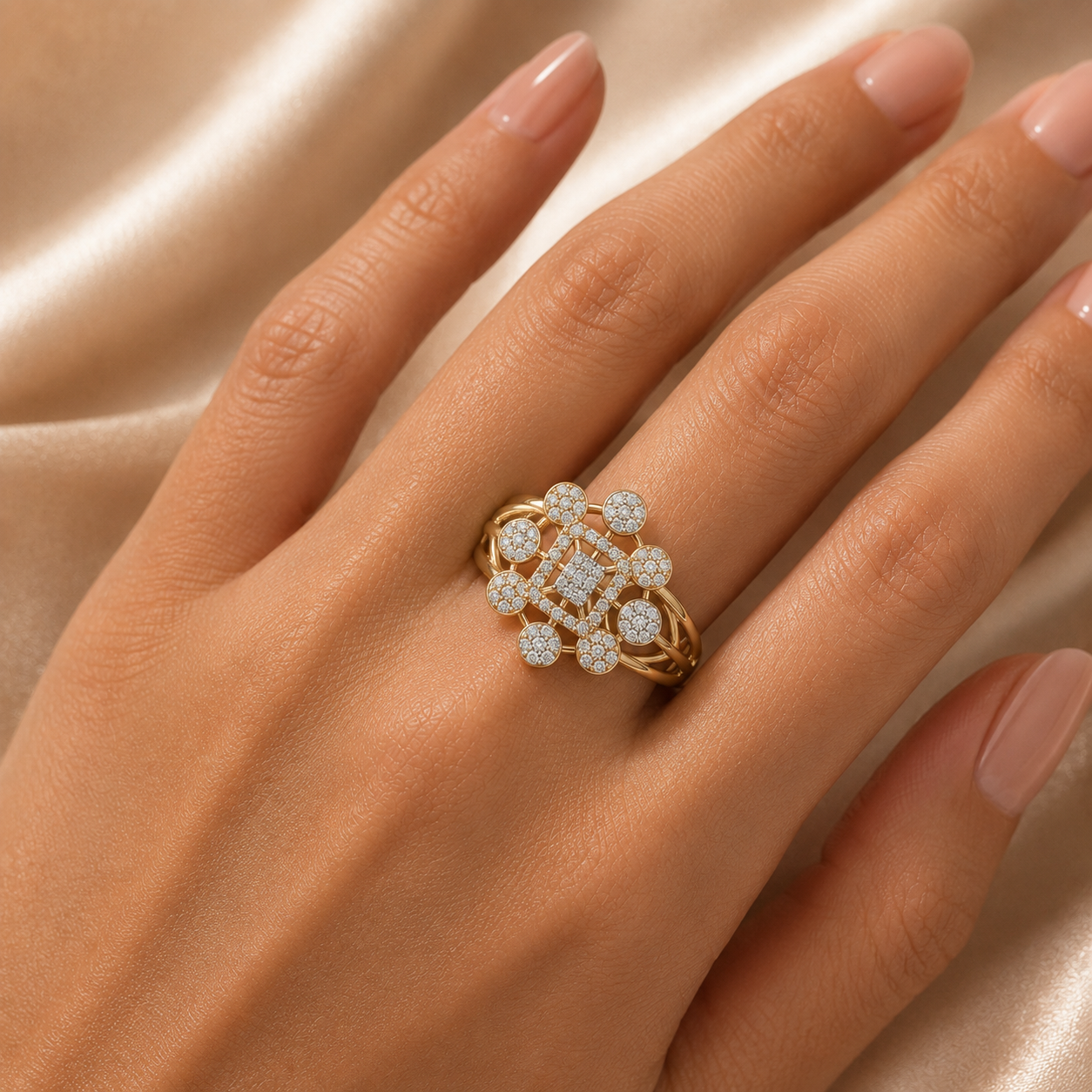 Elegant gold cocktail ring featuring a central rectangular diamond surrounded by round diamond clusters, delicate openwork details, and sparkling accents for a luxurious statement look.