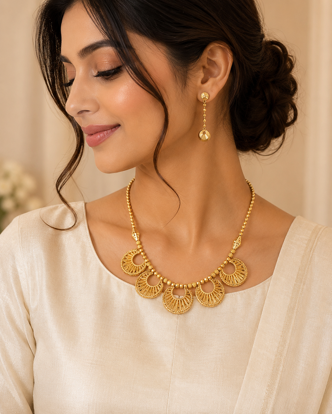 Elegant gold jewellery set featuring a beaded necklace with five ornate circular coin motifs and matching long drop earrings with round gold accents.