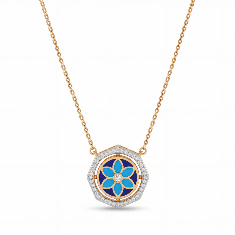 Elegant gold necklace featuring a hexagon-shaped pendant with blue floral enamel detailing and sparkling diamond accents on a white background.