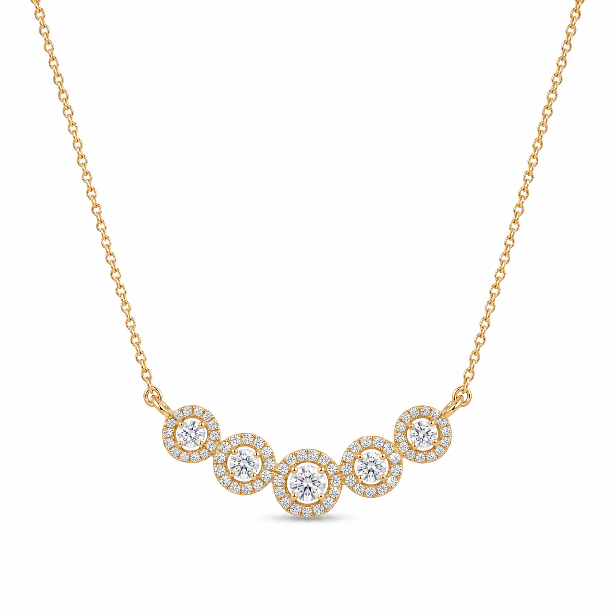 Elegant gold necklace featuring five sparkling round diamond halo motifs arranged in a graceful curved design on a white background.
