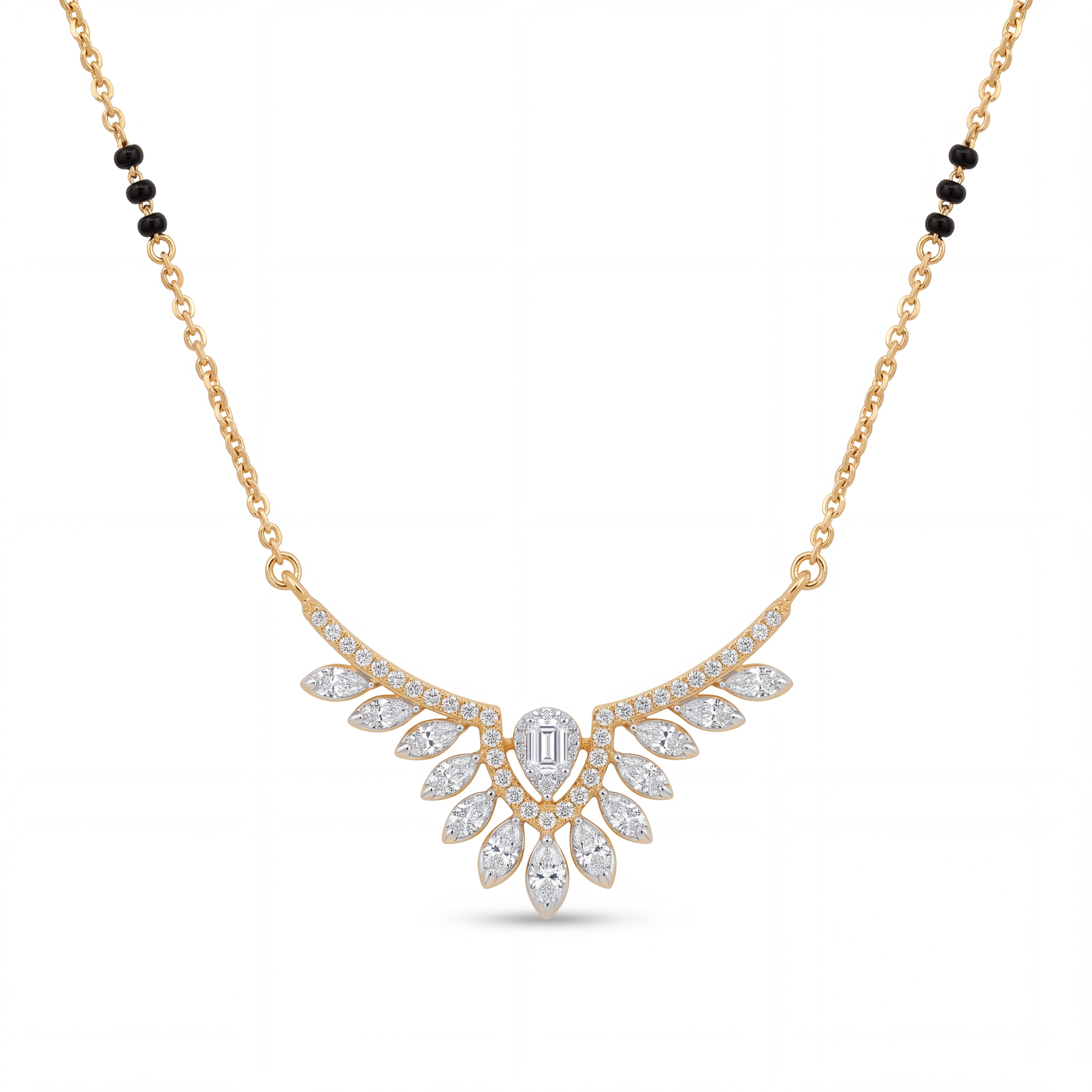 Elegant gold mangalsutra necklace featuring black beads and a dazzling diamond leaf wing pendant with a central emerald-cut diamond on a white background.