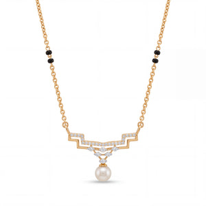 Elegant gold mangalsutra necklace featuring black beads, sparkling diamond accents, and a classic pearl drop pendant on a white background.