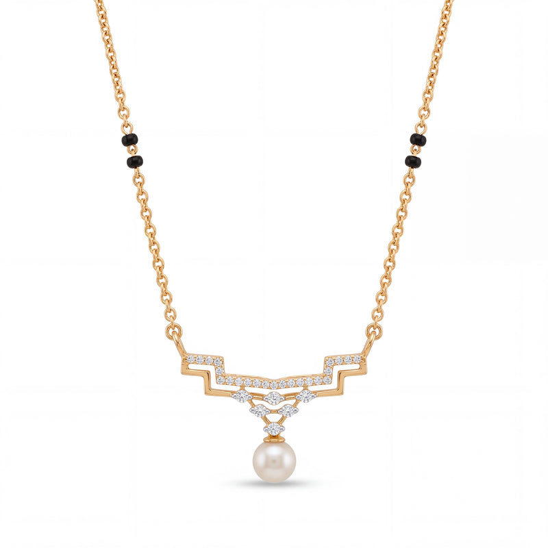 Elegant gold mangalsutra necklace featuring black beads, sparkling diamond accents, and a classic pearl drop pendant on a white background.