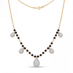 Elegant gold mangalsutra necklace featuring black beads and multiple sparkling teardrop-shaped diamond pendants on a white background.