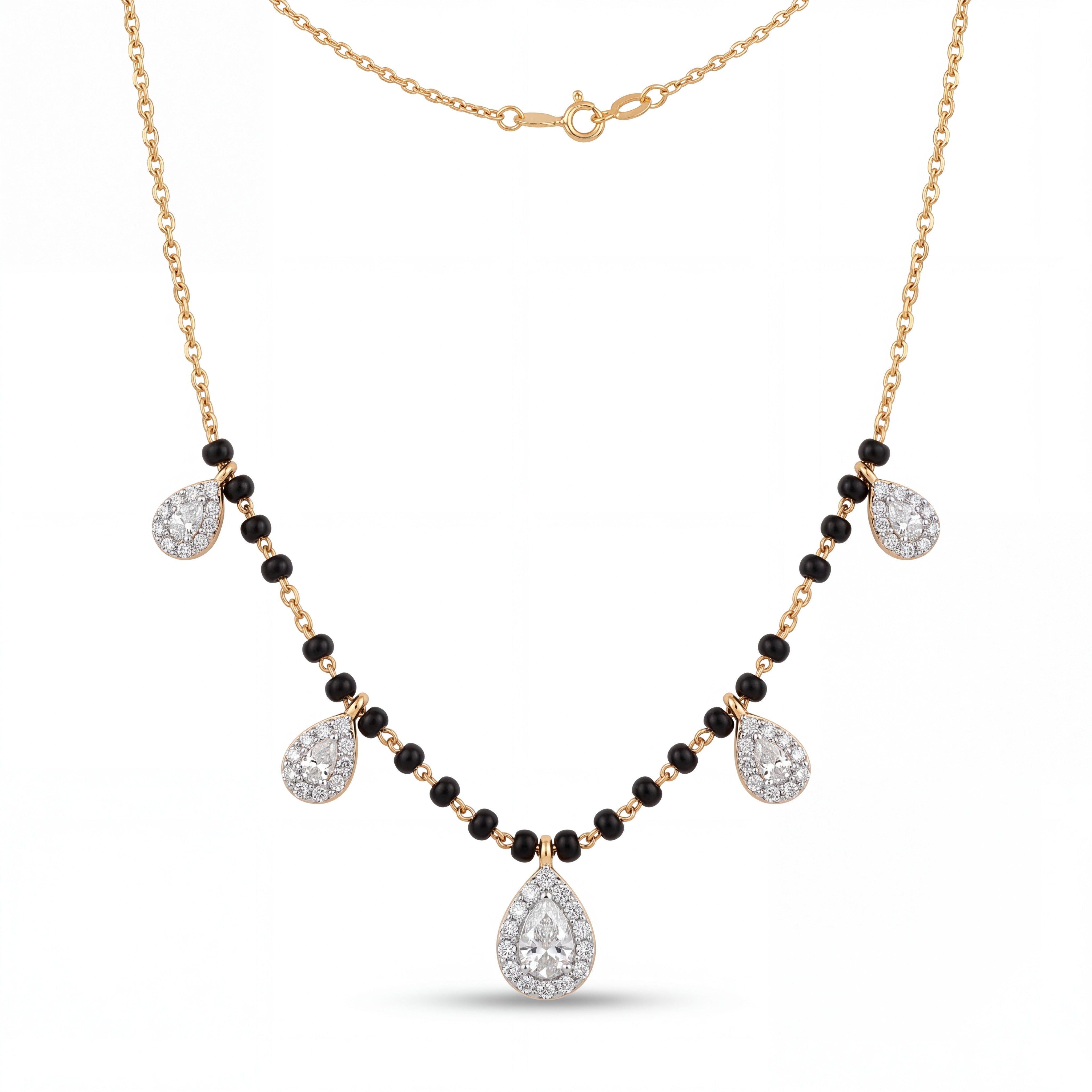 Elegant gold mangalsutra necklace featuring black beads and multiple sparkling teardrop-shaped diamond pendants on a white background.