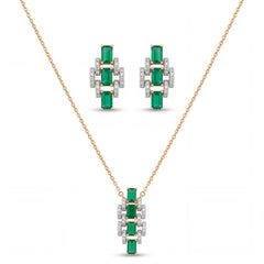 Elegant gold jewelry set featuring emerald-cut green gemstones with sparkling diamond accents in a pendant necklace and matching stud earrings on a white background.