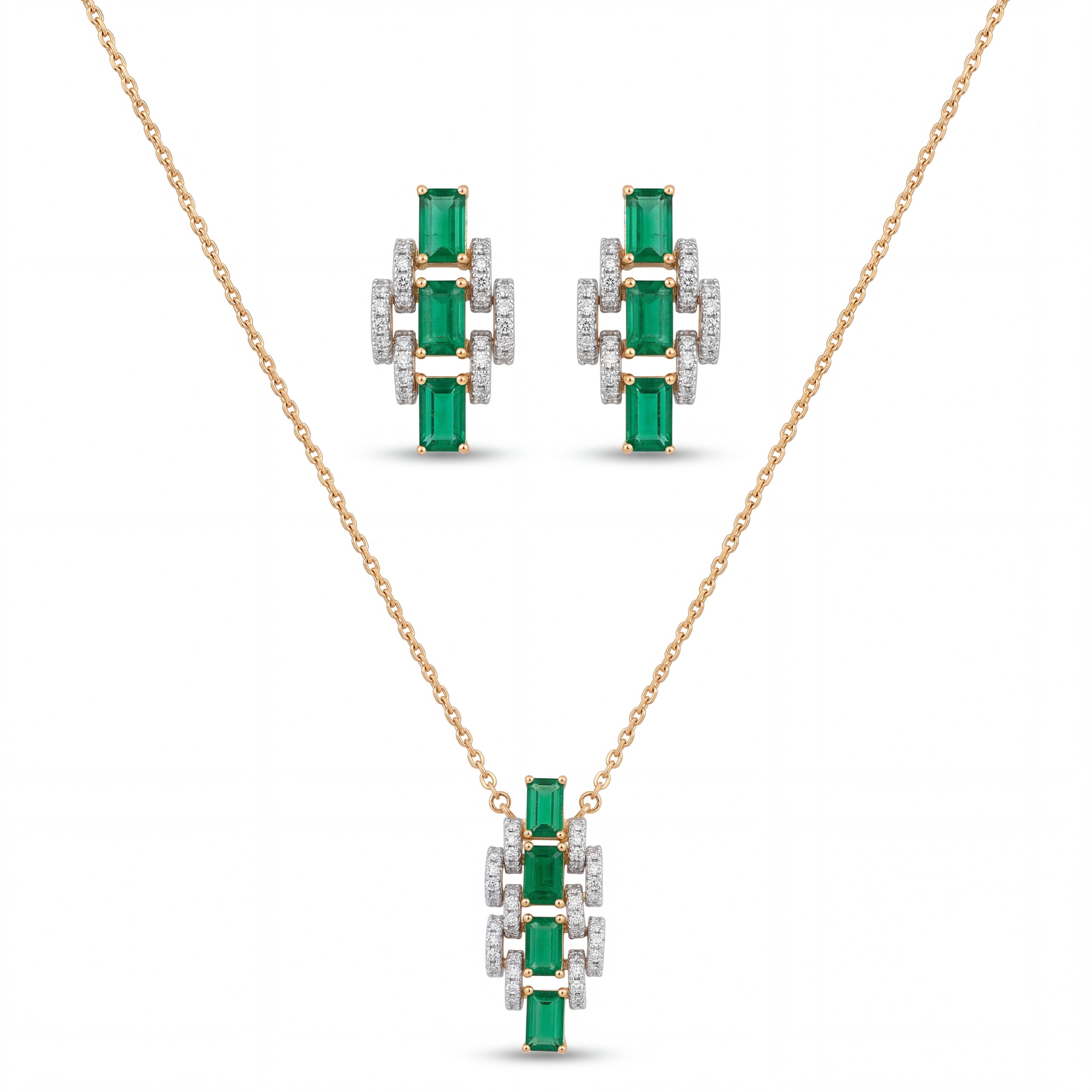 Elegant gold jewelry set featuring emerald-cut green gemstones with sparkling diamond accents in a pendant necklace and matching stud earrings on a white background.