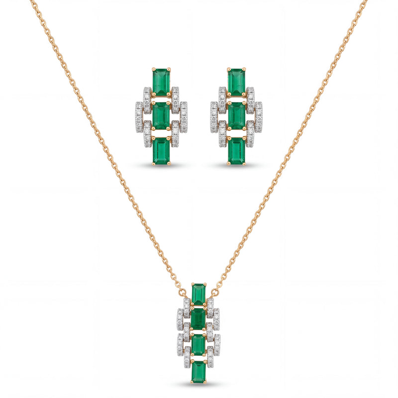 Elegant gold jewelry set featuring emerald-cut green gemstones with sparkling diamond accents in a pendant necklace and matching stud earrings on a white background.