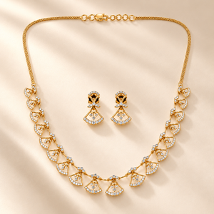 Yellow Gold Diamond Fan Motif Necklace Set with Matching Earrings