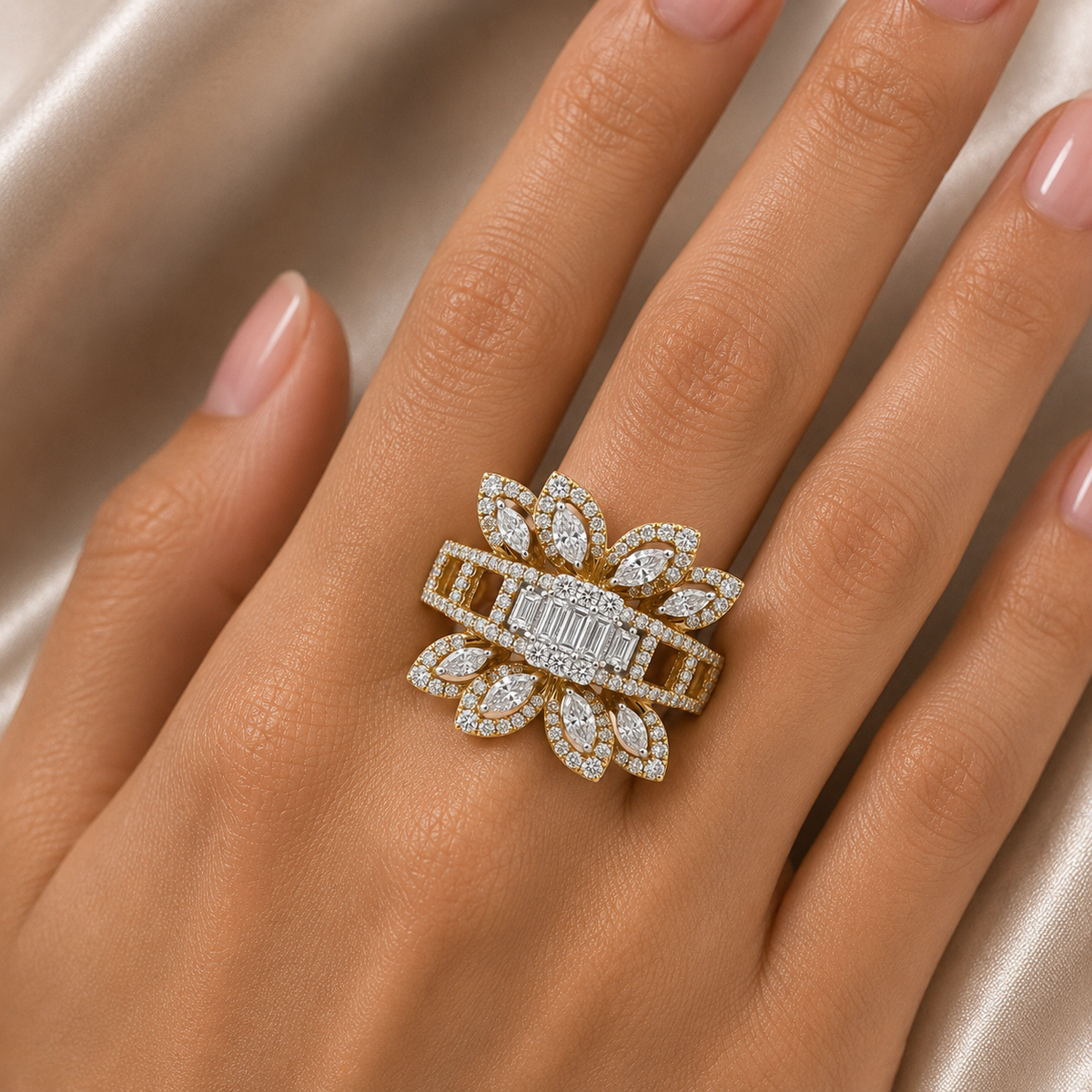 Exquisite gold statement ring featuring a rectangular baguette-cut diamond centerpiece surrounded by marquise-shaped floral petals and pavé diamond accents.