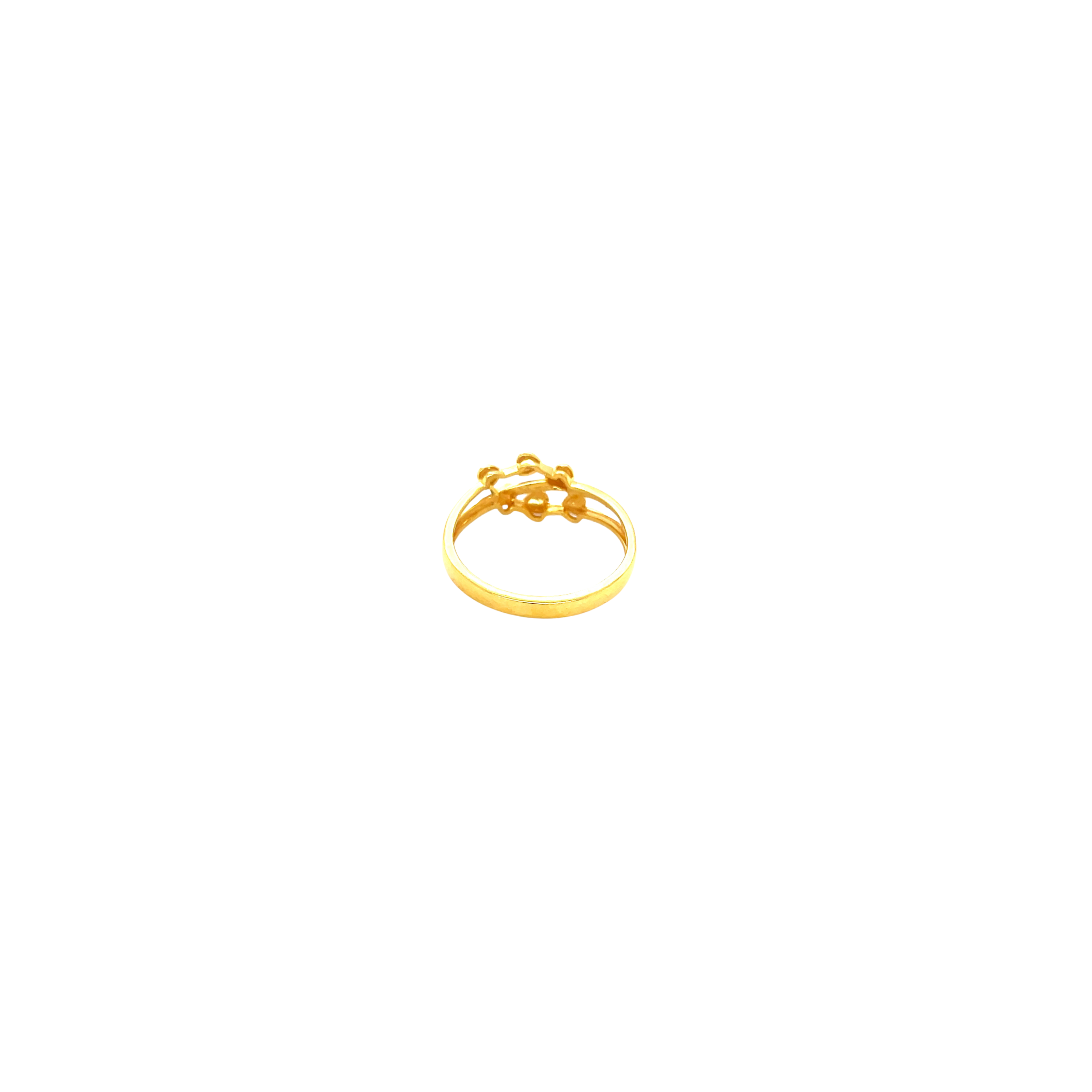 Elegant 22KT yellow gold ring featuring a double band design with polished heart motifs and sleek open style on a white background.