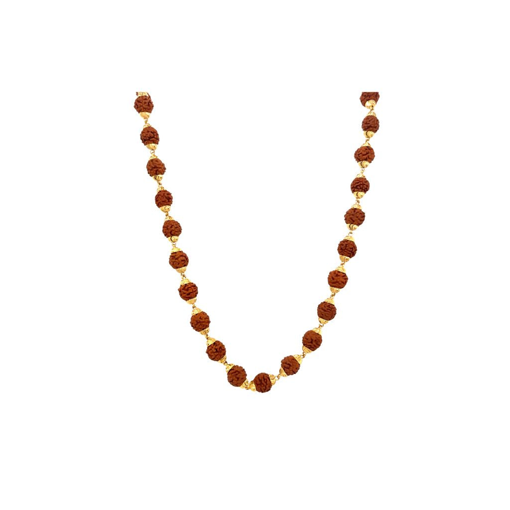 Traditional gold chain necklace featuring natural Rudraksha beads spaced with elegant gold connectors on a white background.
