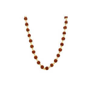 Traditional gold chain necklace featuring natural Rudraksha beads spaced with elegant gold connectors on a white background.