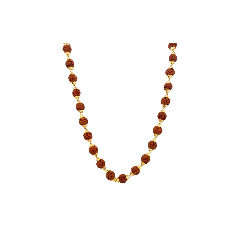 Traditional gold chain necklace featuring natural Rudraksha beads spaced with elegant gold connectors on a white background.