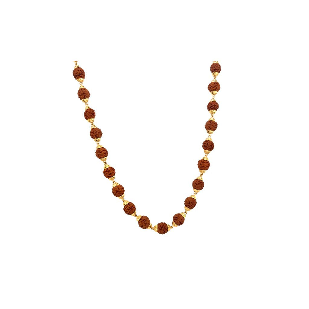 Traditional gold chain necklace featuring natural Rudraksha beads spaced with elegant gold connectors on a white background.