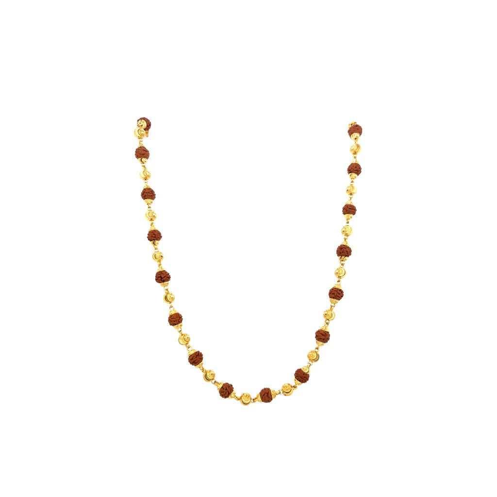 Traditional gold designer mala featuring natural Rudraksha beads paired with decorative gold bead spacers on a white background.