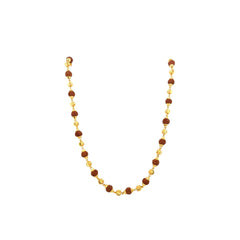 Traditional gold designer mala featuring natural Rudraksha beads paired with decorative gold bead spacers on a white background.