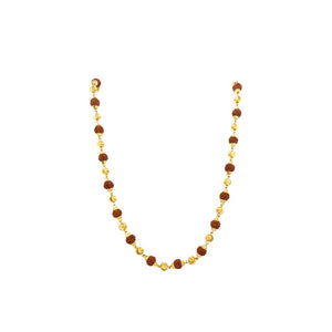 Traditional gold designer mala featuring natural Rudraksha beads paired with decorative gold bead spacers on a white background.