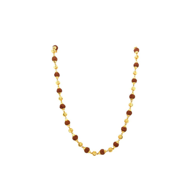 Traditional gold designer mala featuring natural Rudraksha beads paired with decorative gold bead spacers on a white background.