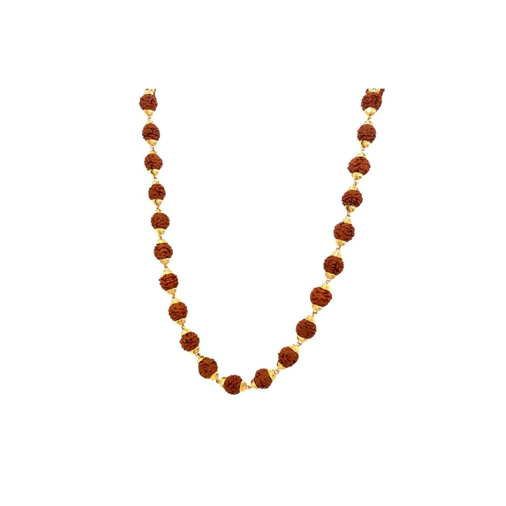 Traditional gold chain necklace featuring natural Rudraksha beads spaced with elegant gold connectors on a white background.