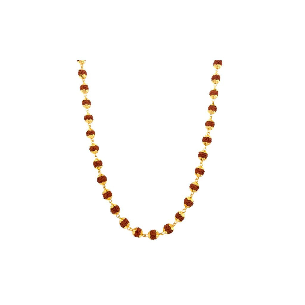 Sacred gold mala necklace featuring evenly spaced natural Rudraksha beads with elegant gold connectors on a white background.