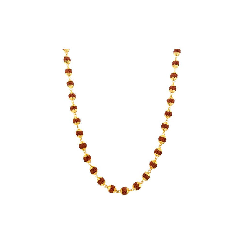 Sacred gold mala necklace featuring evenly spaced natural Rudraksha beads with elegant gold connectors on a white background.