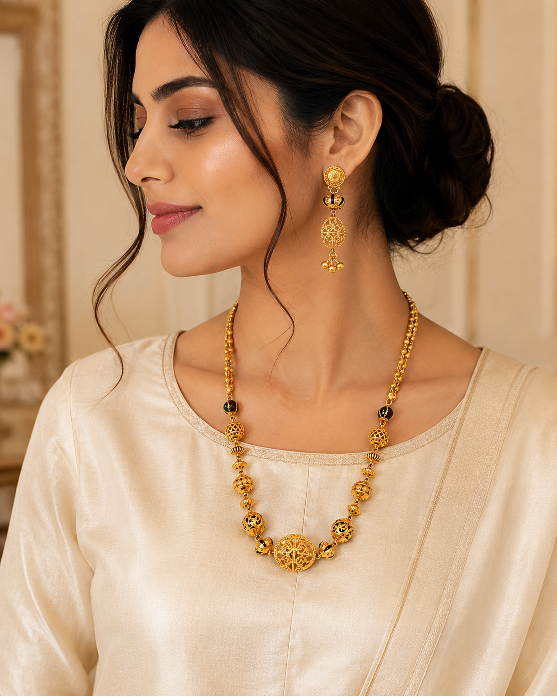 Traditional gold jewellery set featuring an ornate necklace with textured gold beads, black bead accents, and a detailed circular pendant, paired with matching temple-style drop earrings.