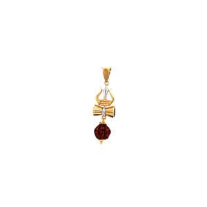 Divine 22KT yellow gold pendant featuring Trishul and Damru motifs with a natural Rudraksha bead drop in a two-tone gold finish on a white background.