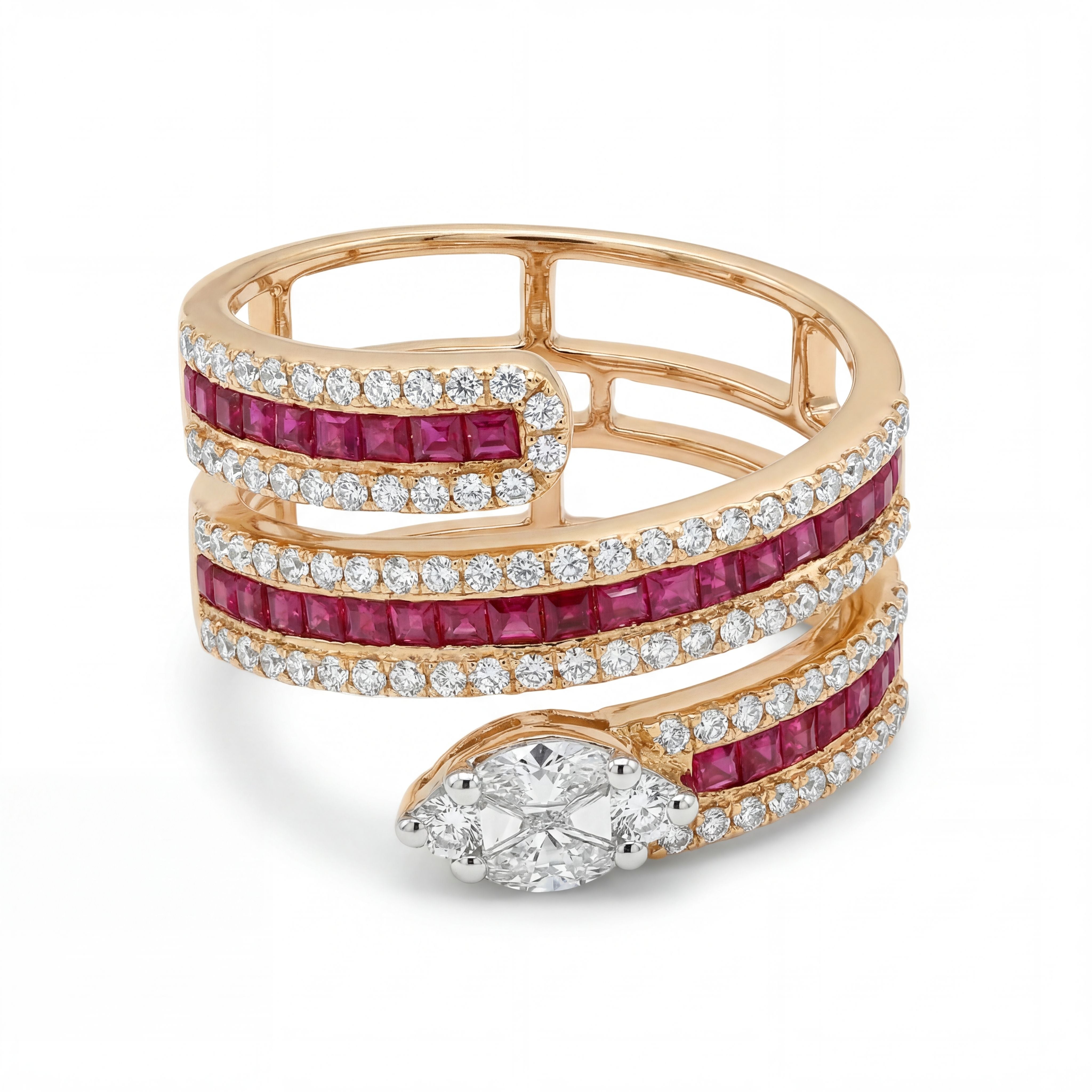 Gold ring with red gemstones and diamonds on a white background