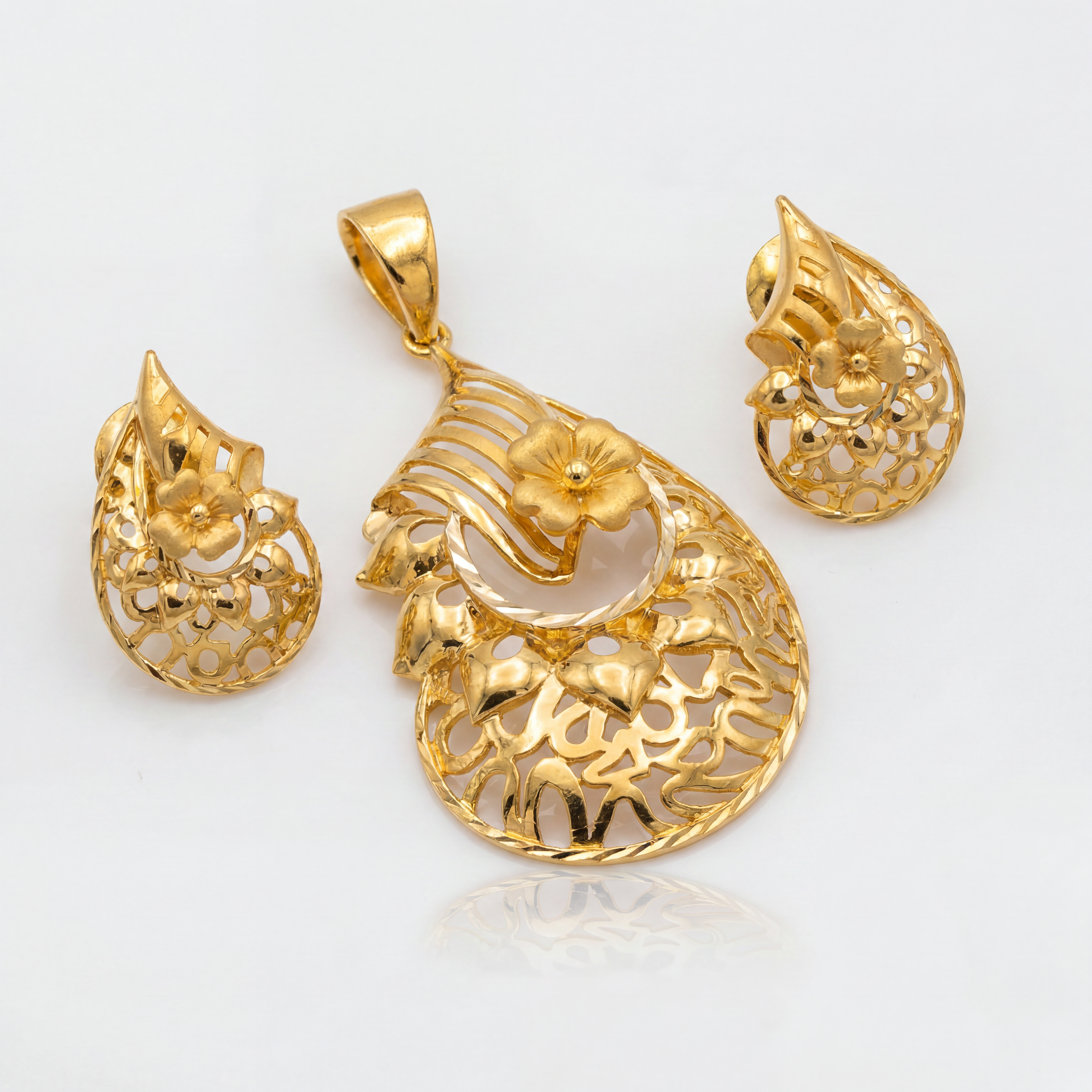 Elegant gold jewellery set featuring a floral filigree pendant and matching teardrop earrings with intricate openwork patterns, sculpted flowers, and polished gold detailing.
