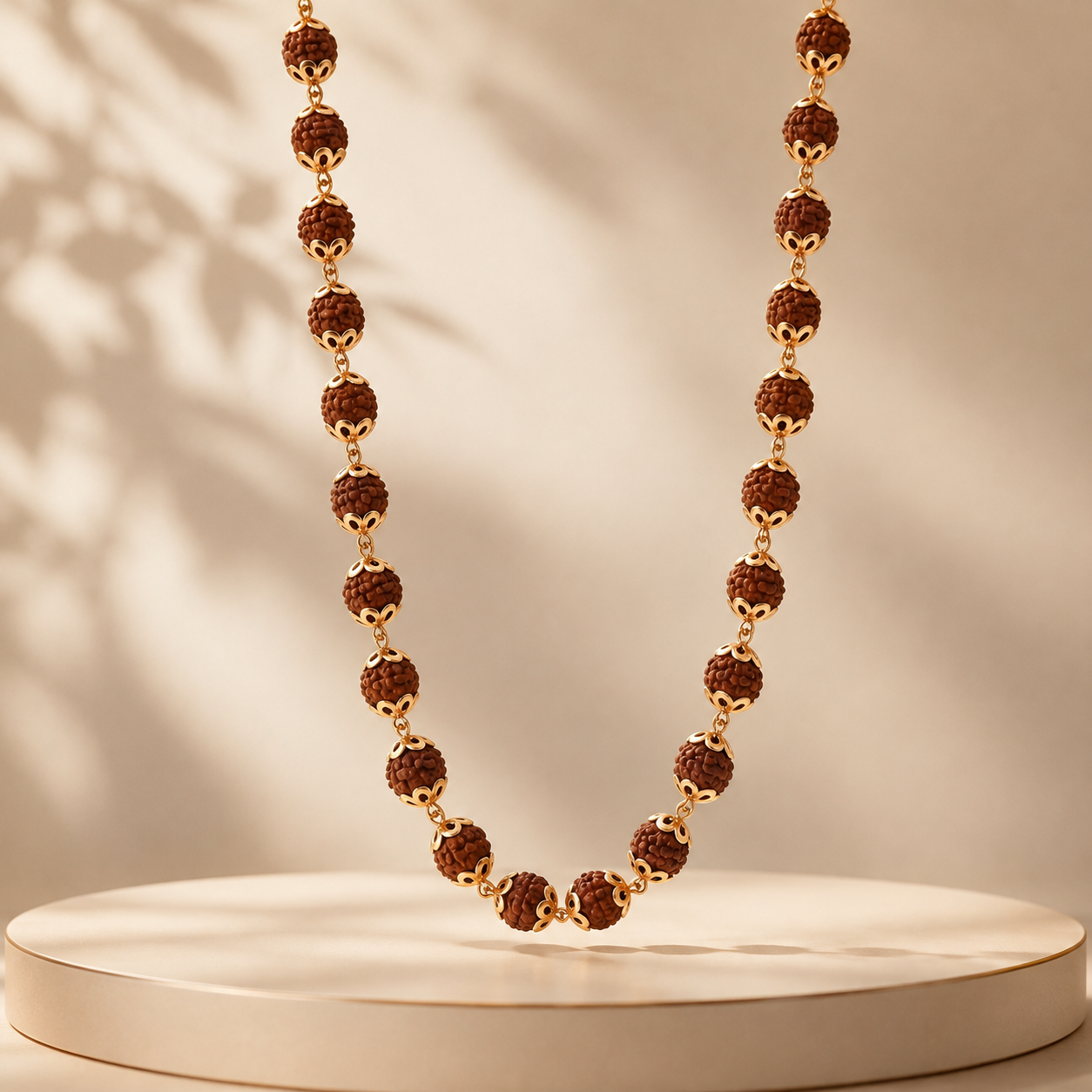 Elegant gold necklace featuring textured Rudraksha beads with delicate gold connectors and ornate bead caps, arranged in a graceful long necklace design.