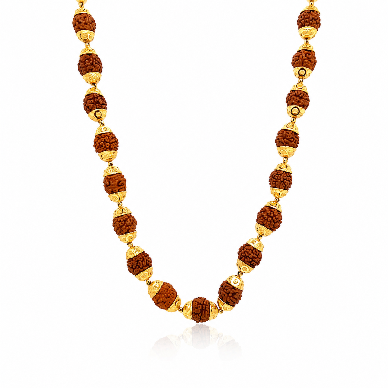 Traditional gold necklace featuring multiple textured Rudraksha beads with ornate gold caps and connectors, arranged in a classic long necklace design.