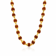 Traditional gold necklace featuring multiple textured Rudraksha beads with ornate gold caps and connectors, arranged in a classic long necklace design.
