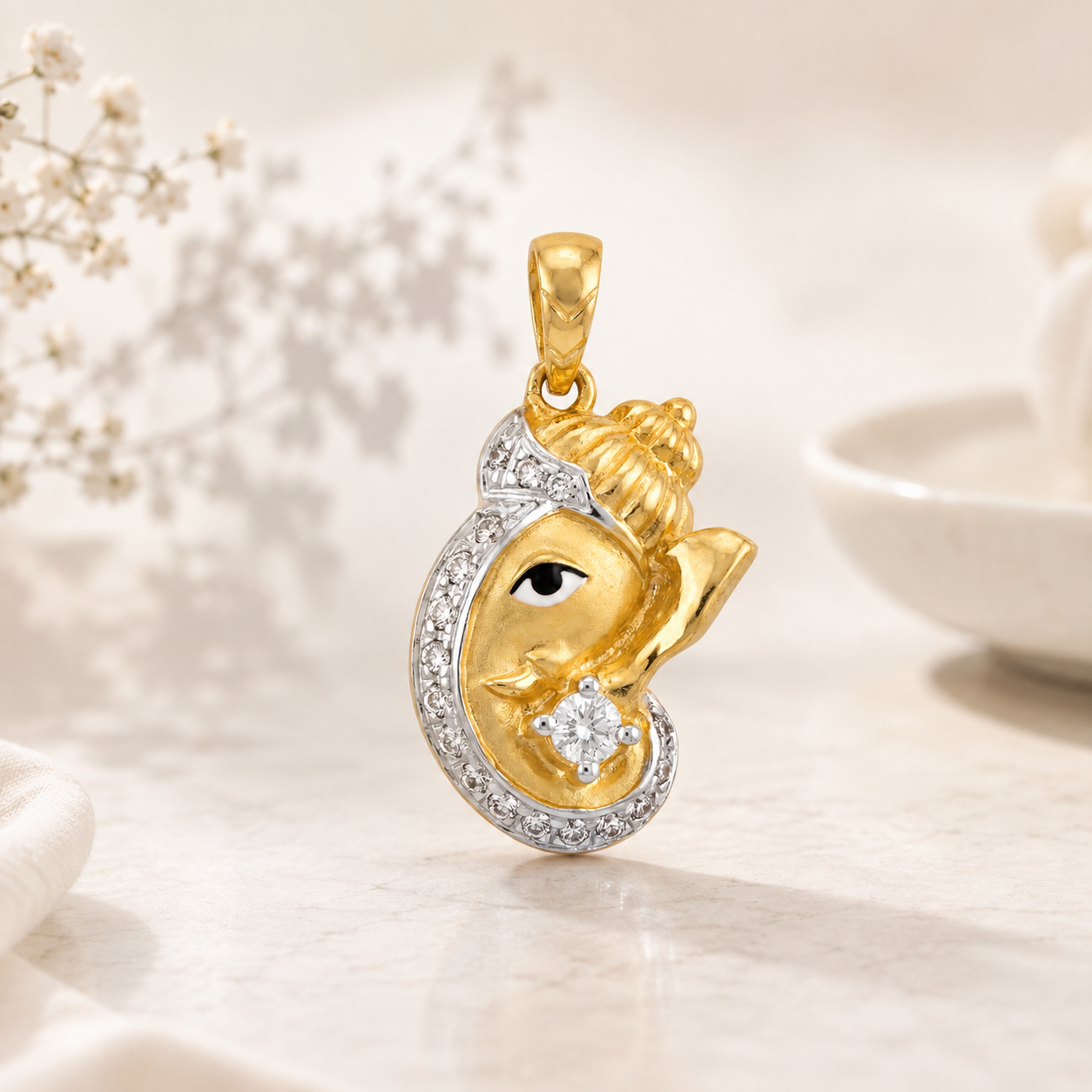 Gold Lord Ganesha pendant adorned with diamond accents and a central round diamond, featuring intricate traditional detailing.