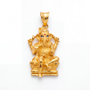 Intricately crafted gold Lord Ganesha pendant depicting the deity seated in a traditional pose, with detailed ornamental work and a polished gold finish.