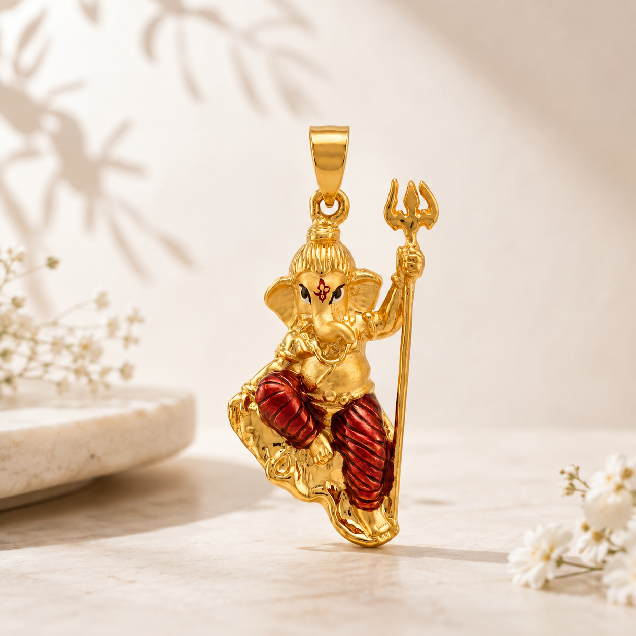 Intricately crafted gold Lord Ganesha pendant holding a trishul, featuring rich ruby-red detailing and traditional ornamental goldwork.