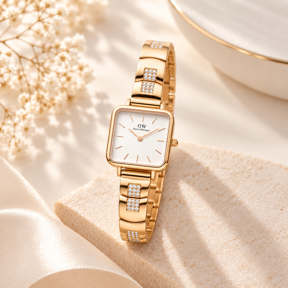 18K Gold Diamond-Accent Square Dial Designer Watch