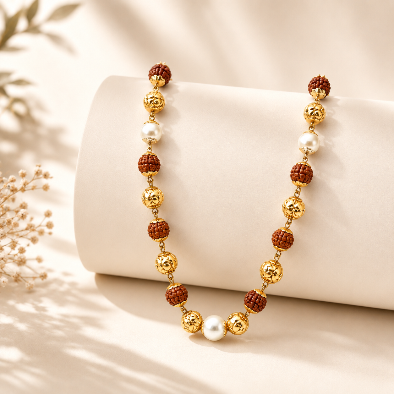 Elegant gold necklace featuring textured Rudraksha beads, ornate spherical gold accents, and lustrous white pearls, arranged in a refined long-chain design with a pearl centerpiece.