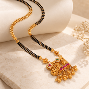 Gold Temple Mangalsutra with Multicolour Pendant & Black Beads