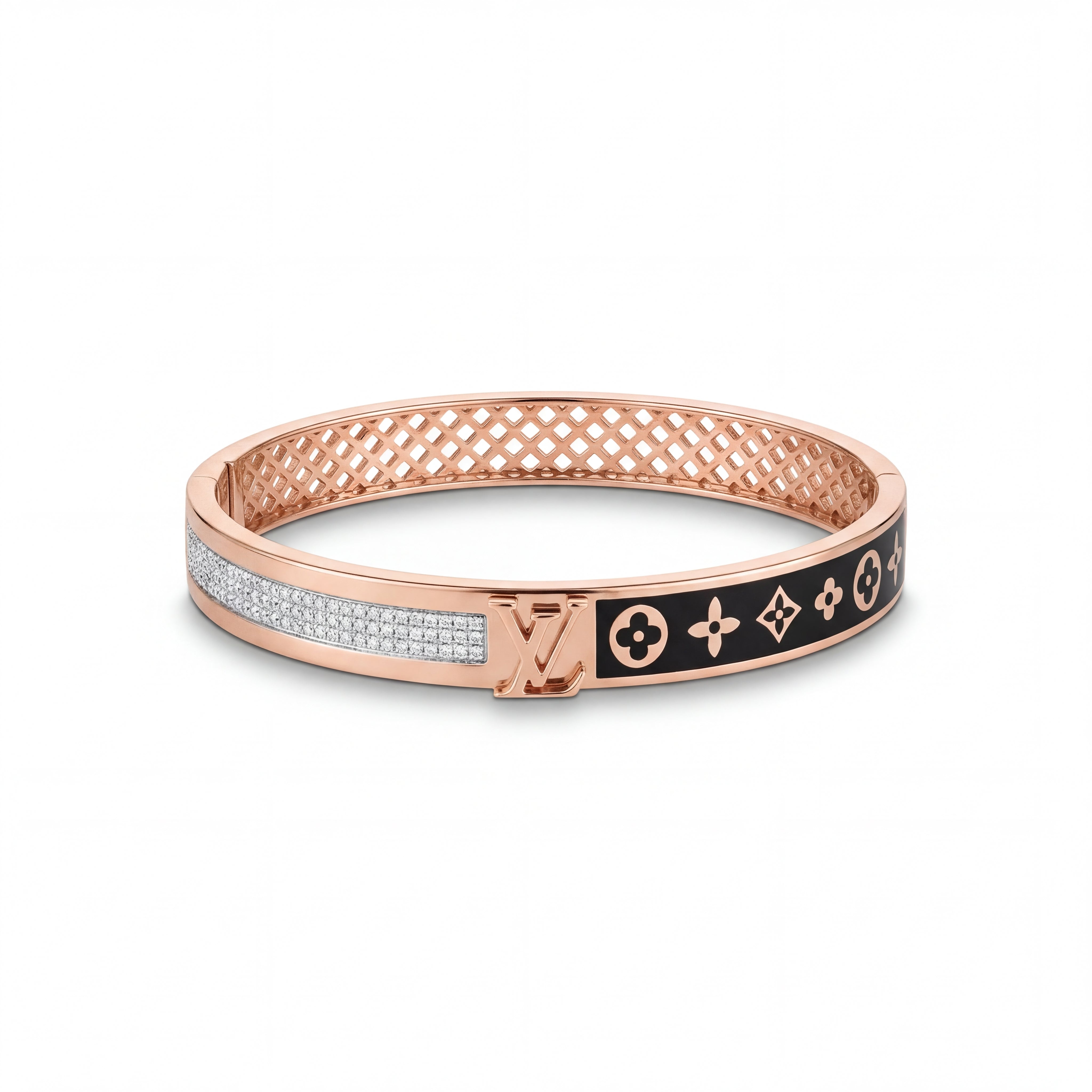 Rose gold kada featuring a signature monogram centerpiece with a diamond-set panel and black enamel motifs along the band, designed with an intricate inner lattice for a premium modern look.
