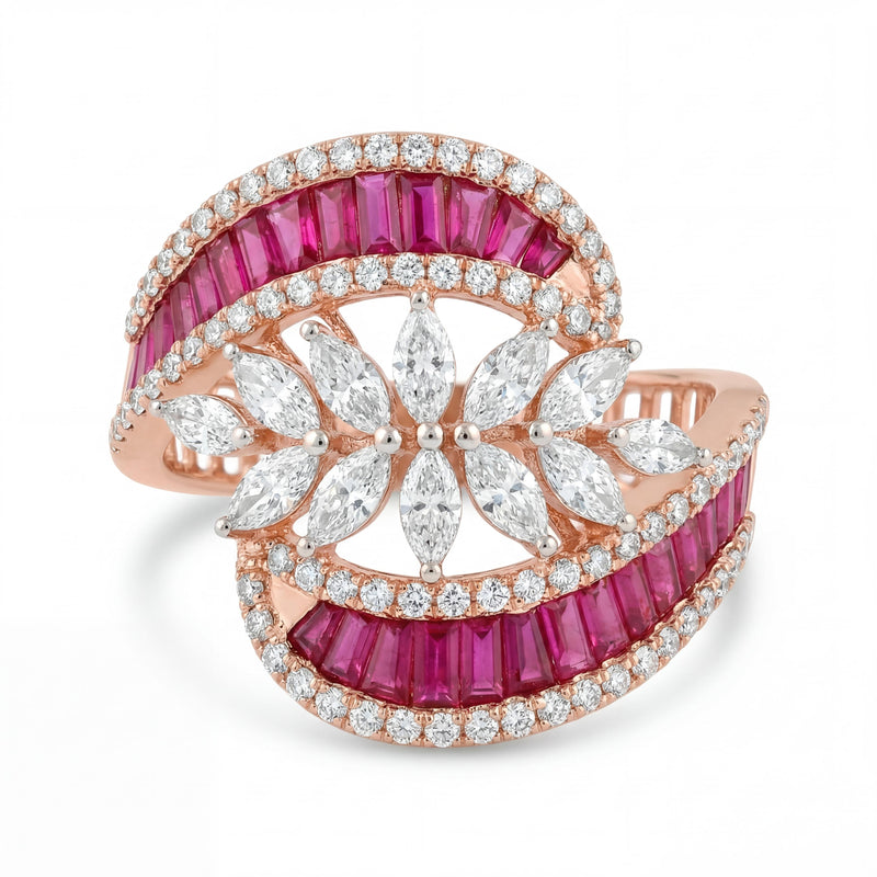 Luxury ring with pink gemstones and rose gold band 