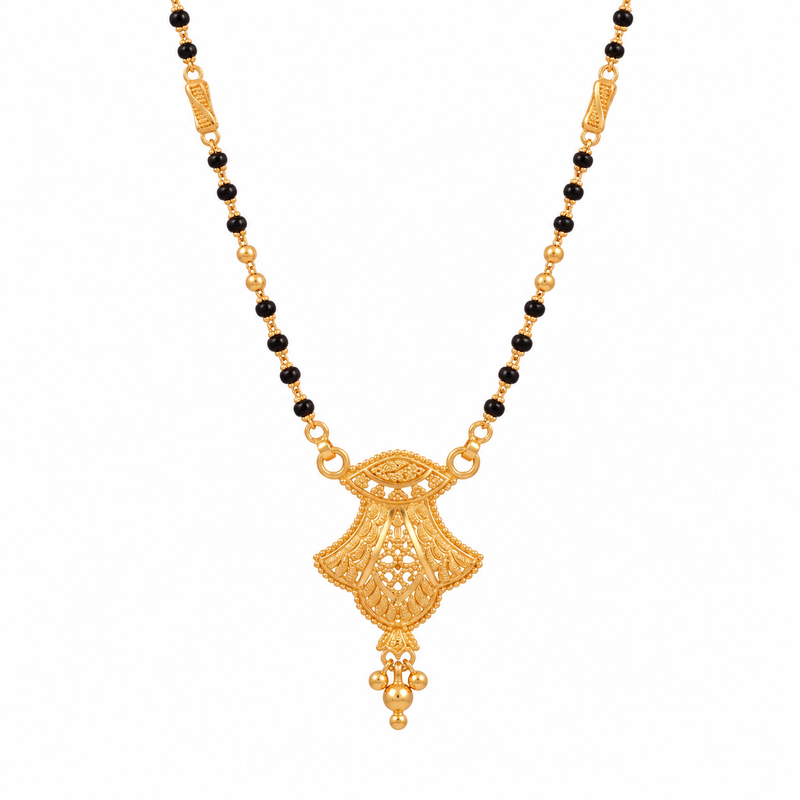 Gold Mangalsutra with Almond-Shaped Pendant & Black Beads