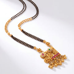 Gold Temple Mangalsutra with Multicolour Pendant & Black Beads