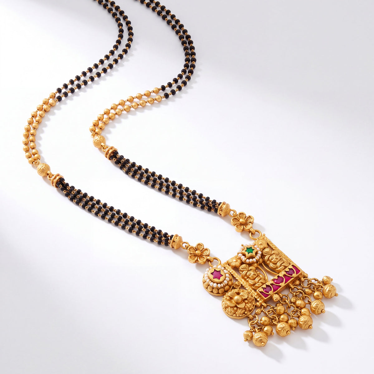 Gold Temple Mangalsutra with Multicolour Pendant & Black Beads