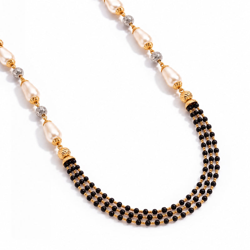 Gold Three-Layer Mangalsutra with Black Beads & Pearl Accents