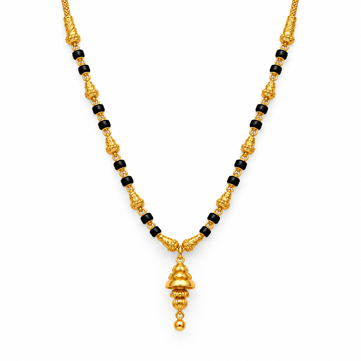 Gold Mangalsutra with Bell-Shaped Pendant & Black Beads